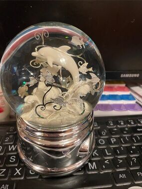 Snow Globe Things Remembered Rotating Musical Dolphin Sea Silver Mirror platform